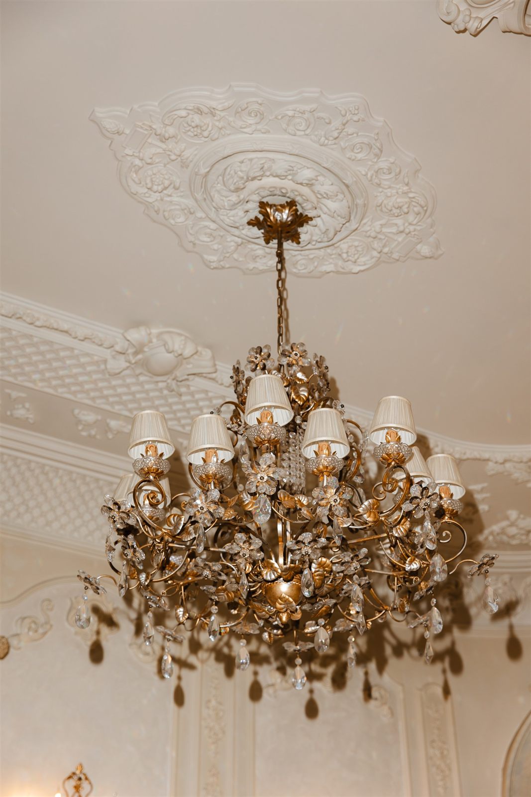 Tavan pictat și candelabru de cristal într-un salon al Palatului Noblesse