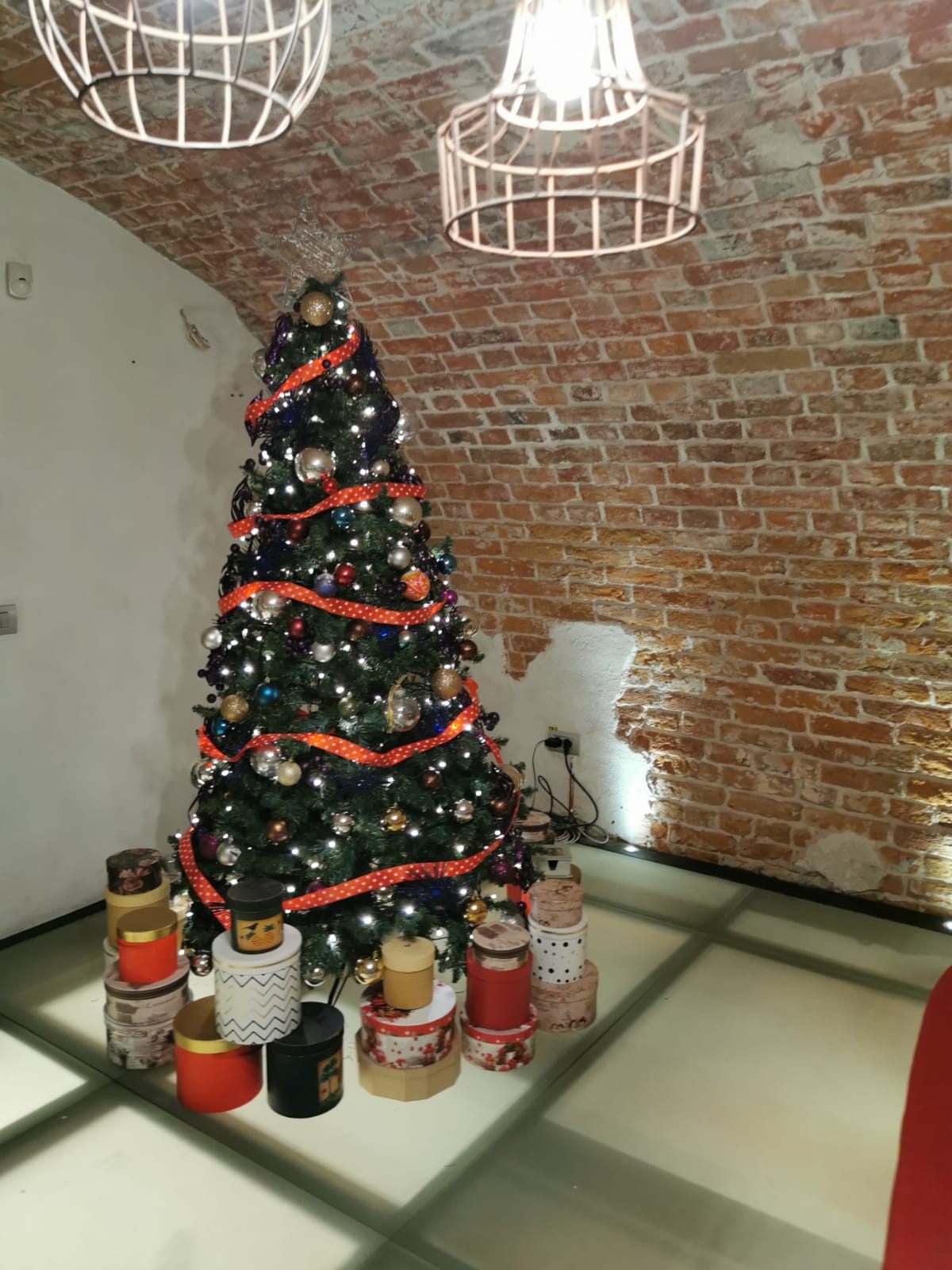 Brad de Crăciun împodobit lângă zidul de cărămidă, Biblioteka Palatului Noblesse