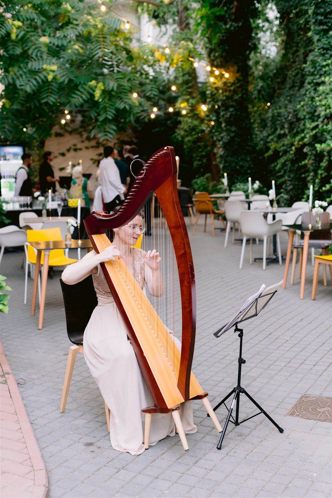 Welcome al invitatilor in Gradina Palatului Noblesse, pe sunet de harpa, la nunta Theodorei si a lui Radu