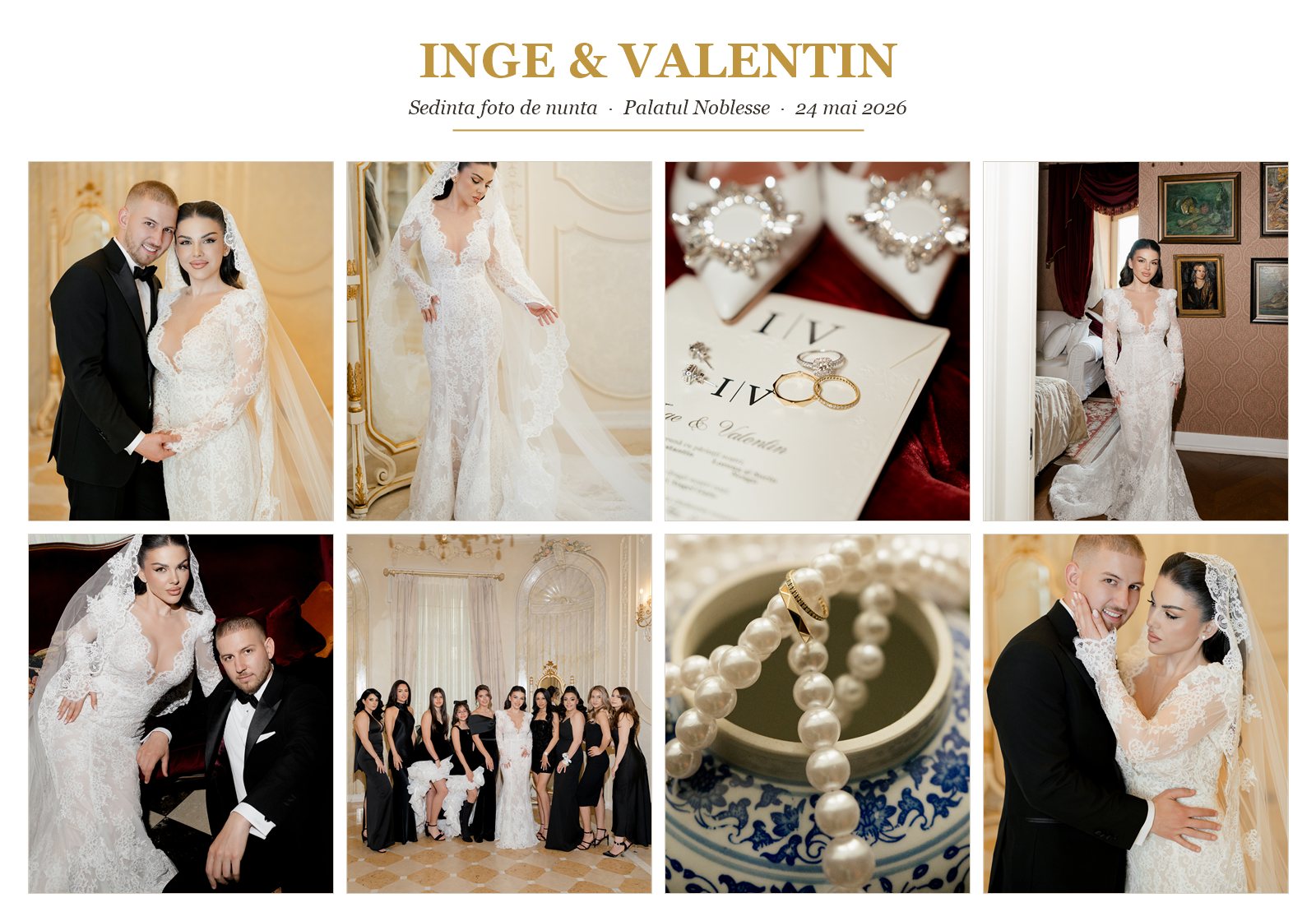 Moodboard ședință foto de nuntă Inge & Valentin la Palatul Noblesse — paletă ivoriu, șampanie, auriu, burgundy și negru