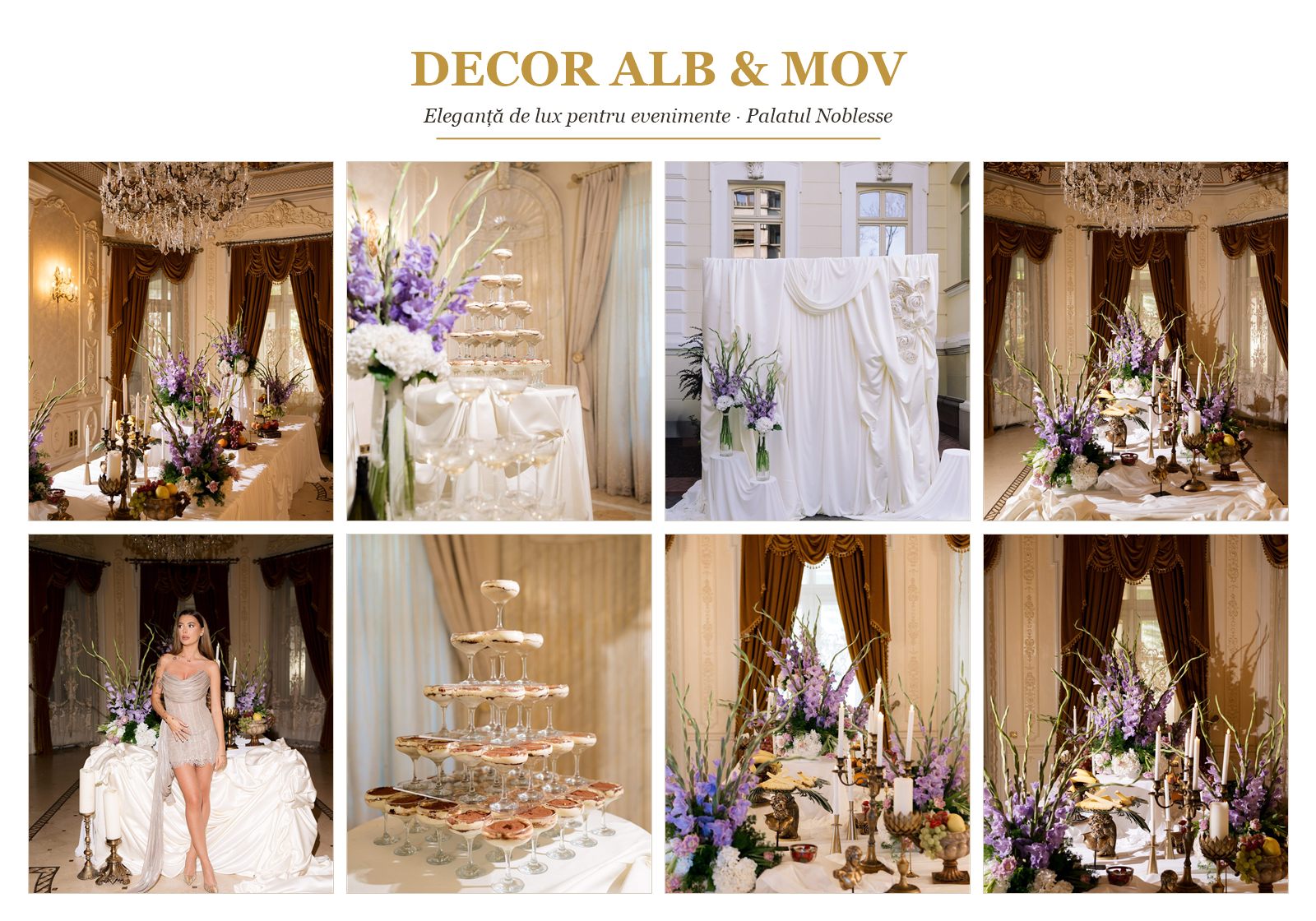 Moodboard decor alb și mov de lux — Palatul Noblesse București