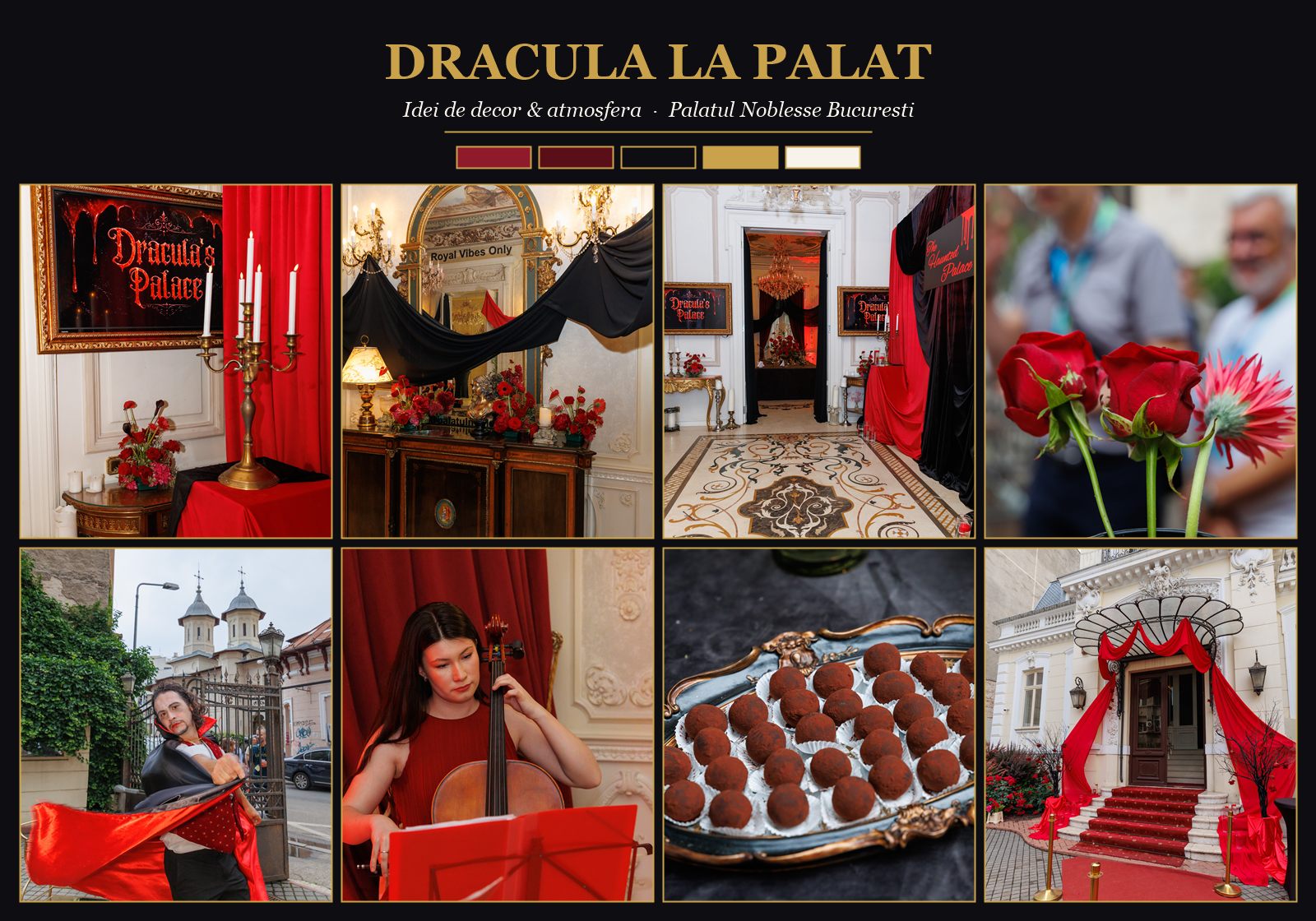 Moodboard eveniment tematic Dracula la Palatul Noblesse — paletă burgundy, negru, auriu și ivoriu cu decor, floral, personaje și lumini