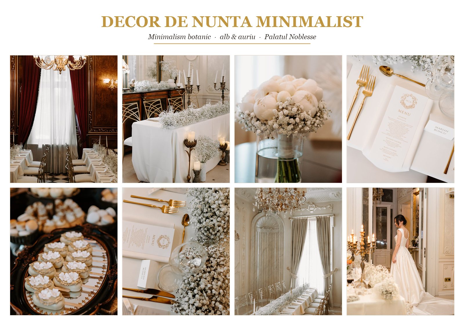 Moodboard decor de nuntă Mihaela & Alex la Palatul Noblesse — alb, auriu și floarea-miresei, saloanele Florence, Regent și Baroque