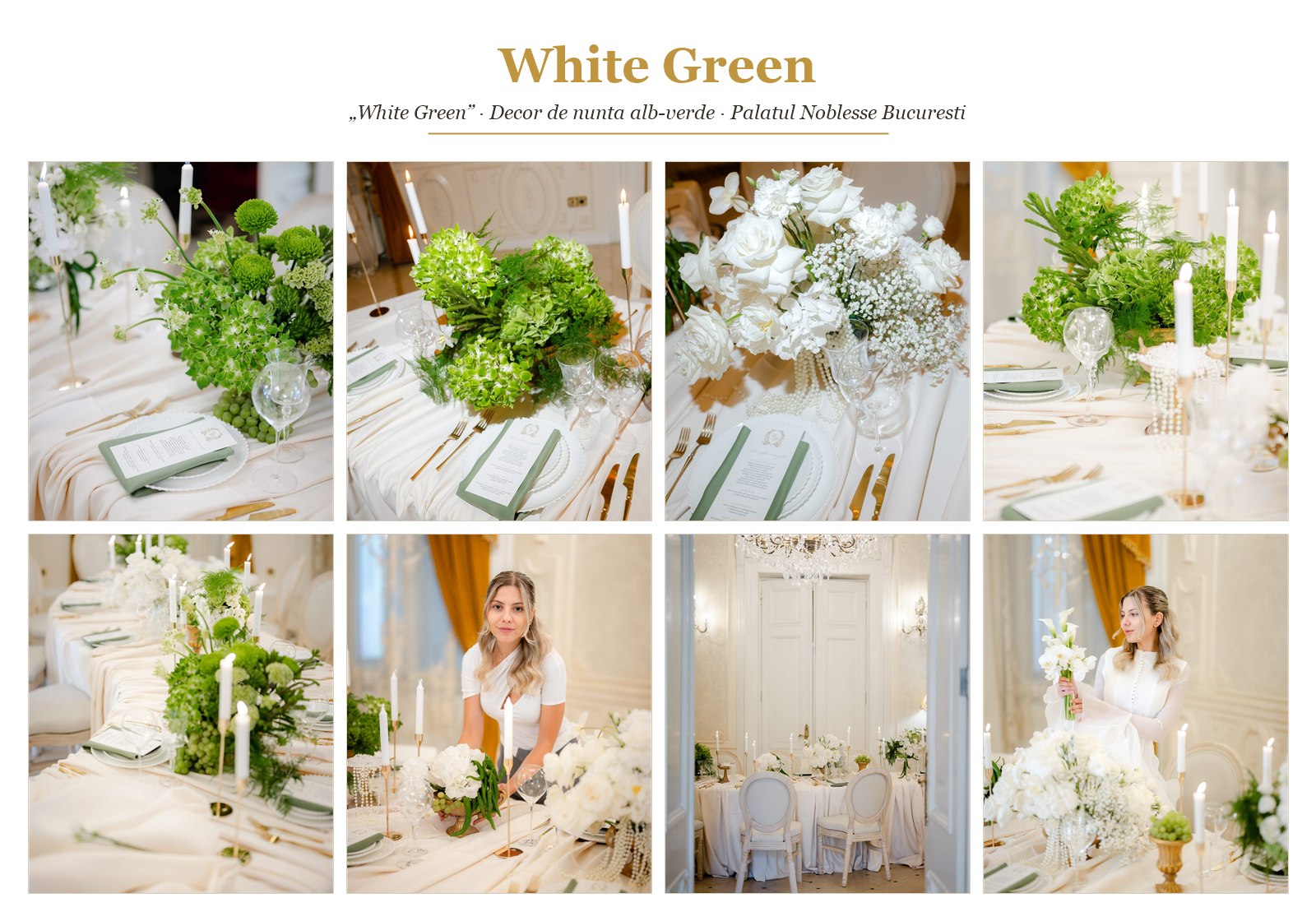 Moodboard decor de nuntă alb-verde — tematica White Green la Palatul Noblesse
